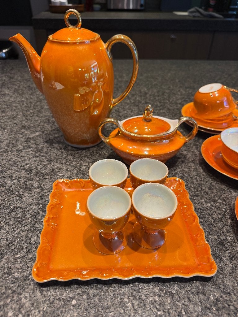 12 delig oranje vintage koffieservies, Gebruikt, Keramiek, Vintage, Ophalen of Verzenden