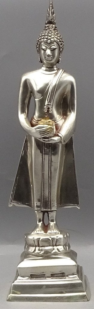 Thaise boeddha beeld brons verzilverd met bedelnap 30cm hoog, Ophalen of Verzenden, Nvt, 30 cm, Zo goed als nieuw