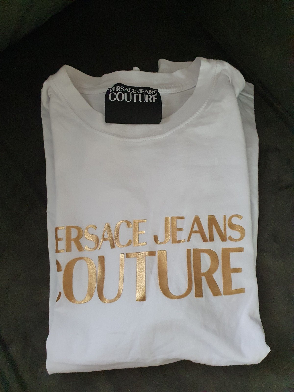 Versace Jeans Couture T-shirt wit met goudkleurig logo, Kleding | Heren, T-shirts, Ophalen, Zo goed als nieuw, Wit