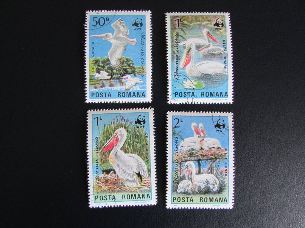 Postzegel Vogel: Serie van 4 Kroeskop Pelikaan uit Roemenië, Ophalen of Verzenden, Gestempeld, Dier of Natuur