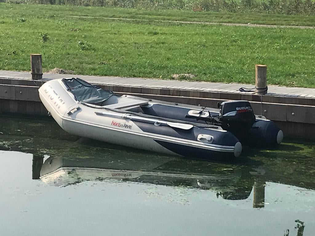 Honwave 380 airdeck rubberboot Suzuki 15pk buitenboordmotor, Watersport en Boten, Ophalen, Airdeck, Gebruikt, Opbergtas