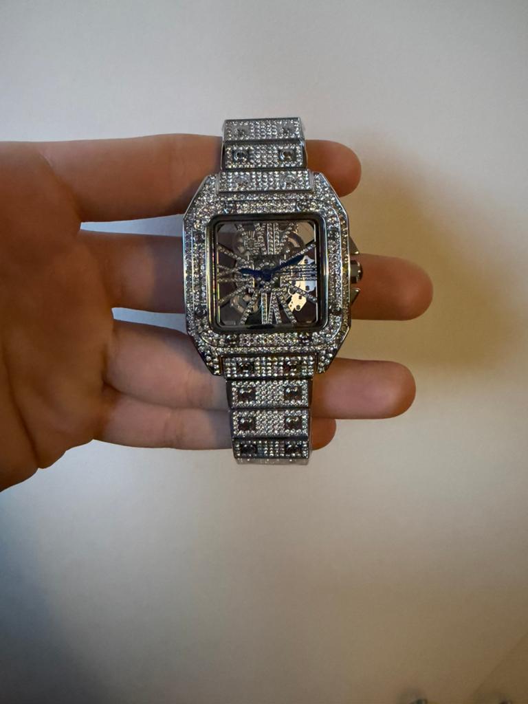 Iced Out Cartier Santos Skeleton Horloge - Nieuw, Overige merken, Staal, Met bandje, Polshorloge
