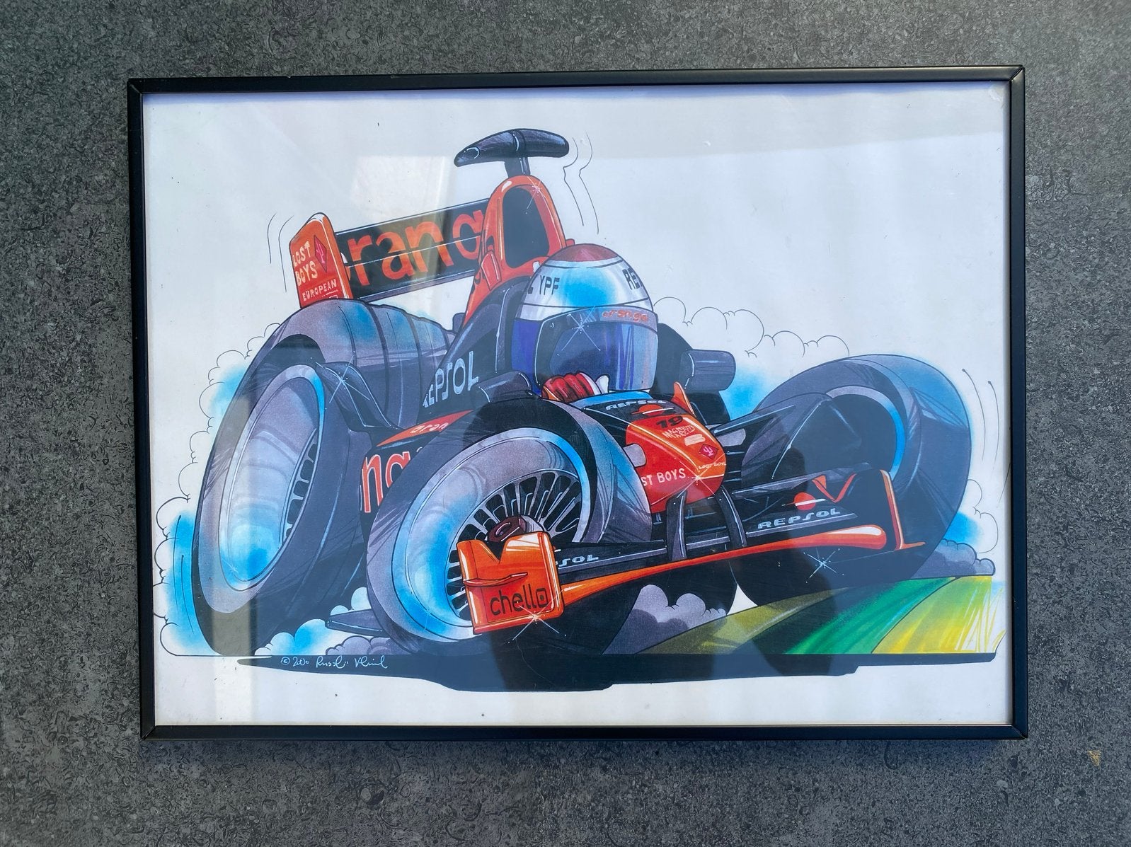 Jos Verstappen karikatuur in lijst (Russell Viel), Ophalen of Verzenden, Tekening, Overige technieken, Gesigneerd