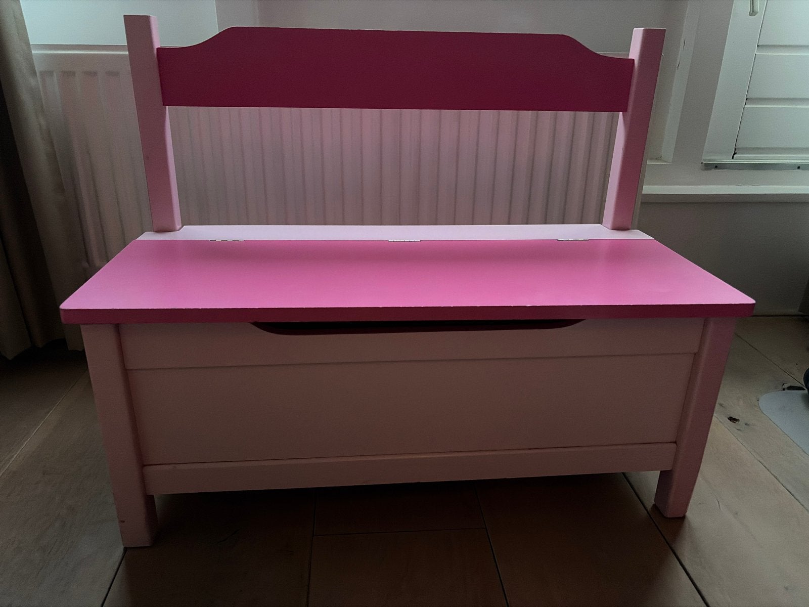 Roze kinderbankje met opbergruimte (peuter/kleuter), Ophalen, Gebruikt, Stoel
