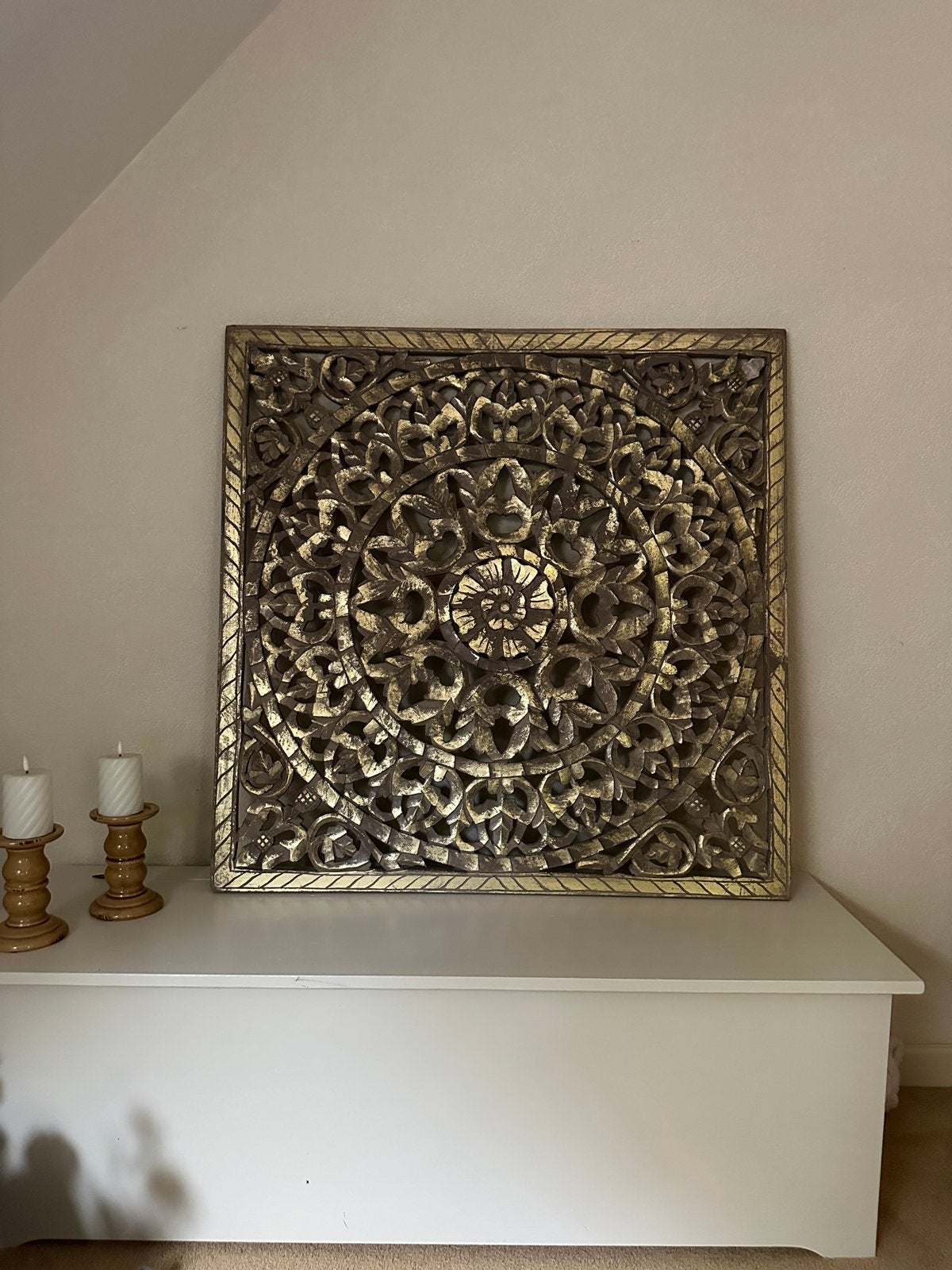 Decoratief Wandpaneel - Houtsnijwerk in Goud en Bruin, Huis en Inrichting, Ophalen, Gebruikt, Hout, Goud