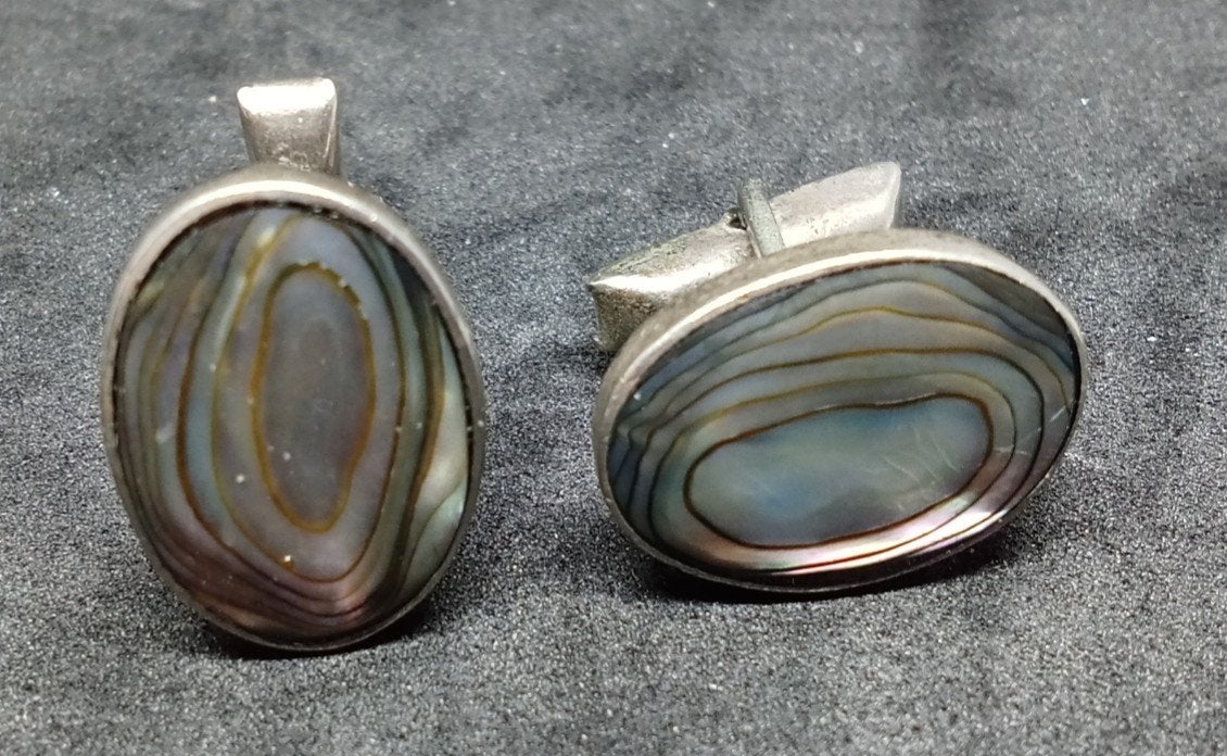 Vintage Alpa zilveren manchetknopen met Abalone schelp Paua, Ophalen of Verzenden, Zo goed als nieuw, Overige materialen
