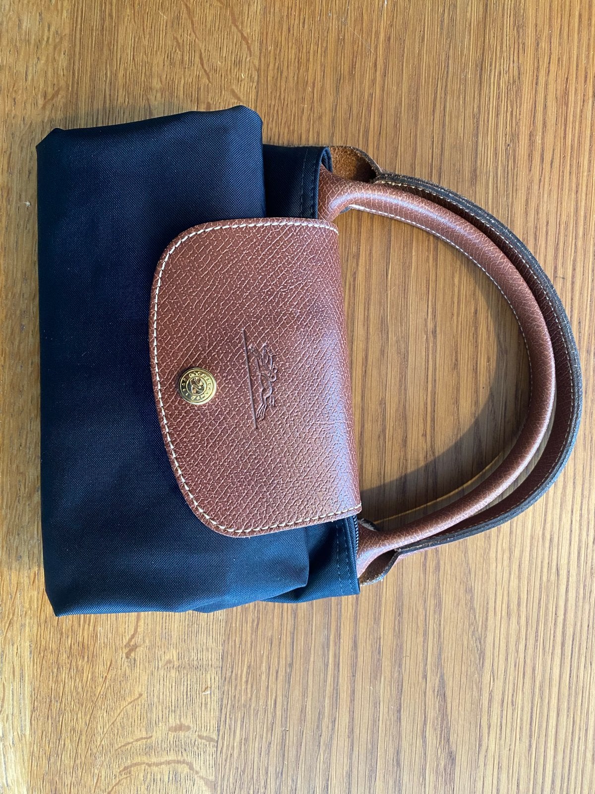 Longchamp Le Pliage Handtas - Zwart met bruin leer, Sieraden, Tassen en Uiterlijk, Tassen | Damestassen, Verzenden, Zo goed als nieuw