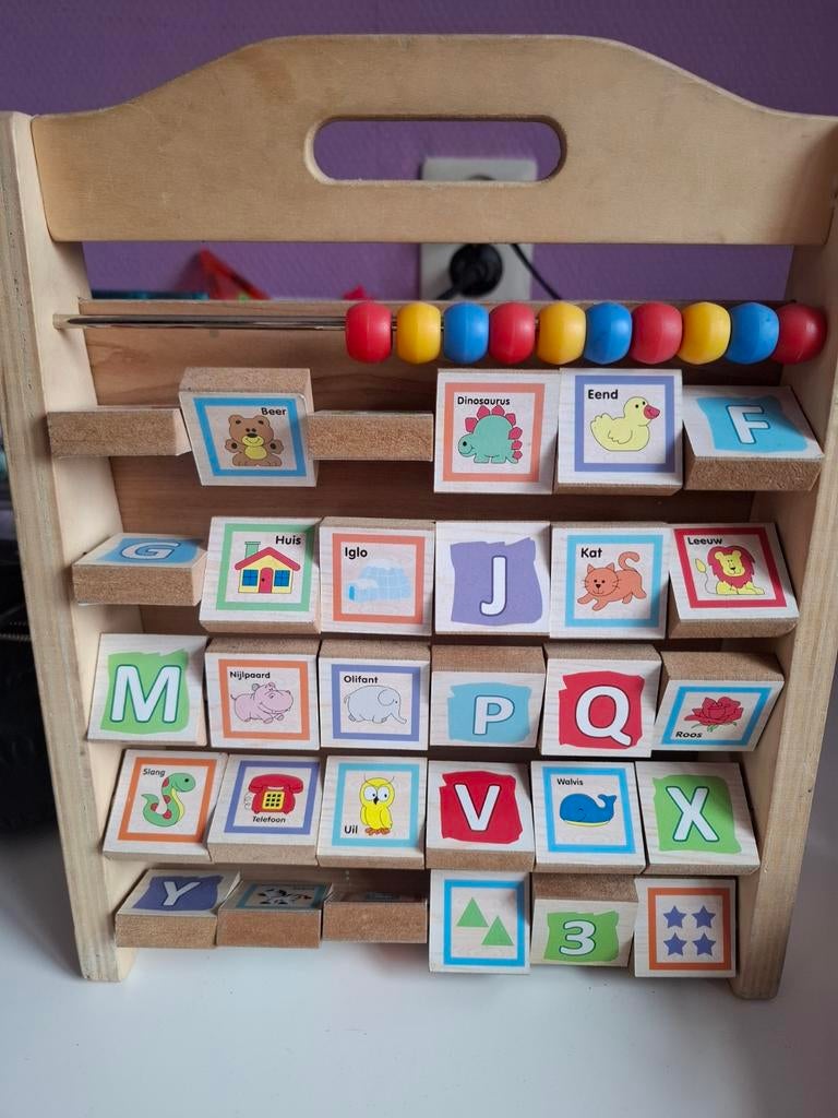 Houten Alfabet en Cijfer Leerbord met Kralen, Ophalen of Verzenden, Gebruikt, Taal en Lezen