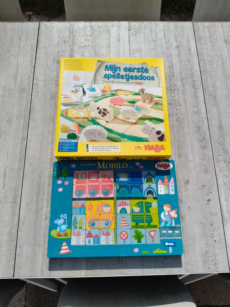 Haba 4687 Mijn eerste spelletjesdoos + Haba 2208 Mobilo, Hobby en Vrije tijd, Gezelschapsspellen | Bordspellen, Vijf spelers of meer