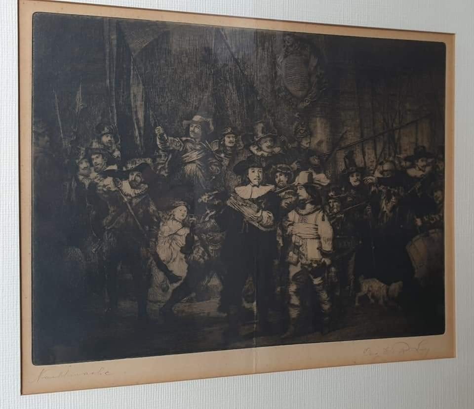 De Nachtwacht - Ets naar Rembrandt, ingelijst, Antiek en Kunst, Dagelijks leven, Ingelijst, Ets, Ophalen of Verzenden