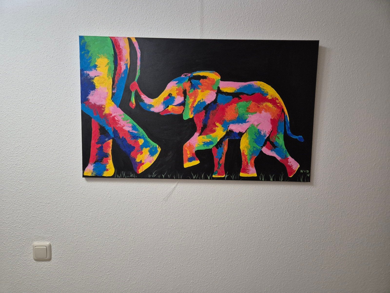 Handgeschilderd schilderij: Kleurrijke olifanten (100x60cm), Antiek en Kunst, Ophalen