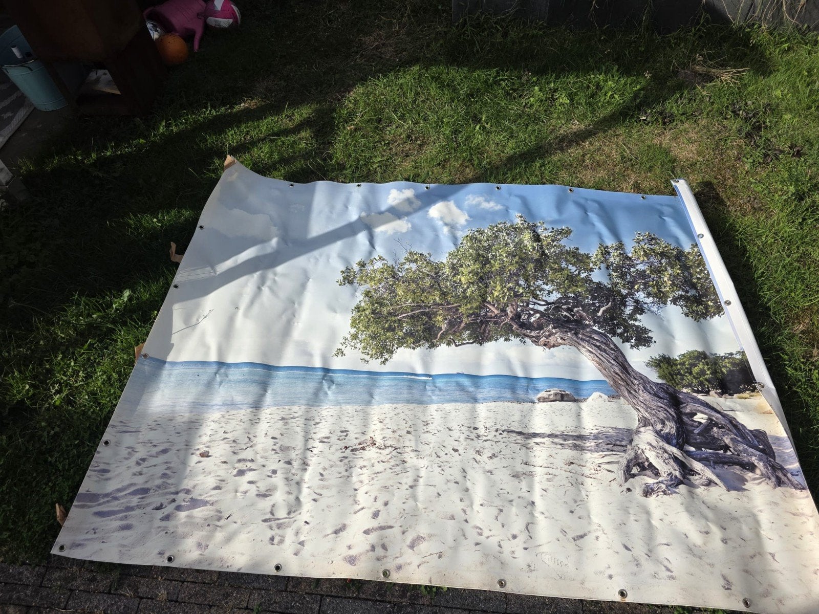 Buiten zeil met strand en boom print, Ophalen, Gebruikt