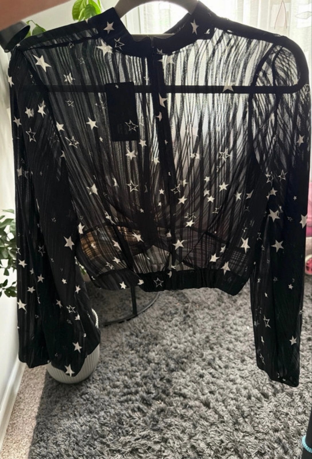 Zwarte transparante top met sterrenprint-SHK Paris maat S/M, Verzenden, Zwart, Nieuw, Lange mouw