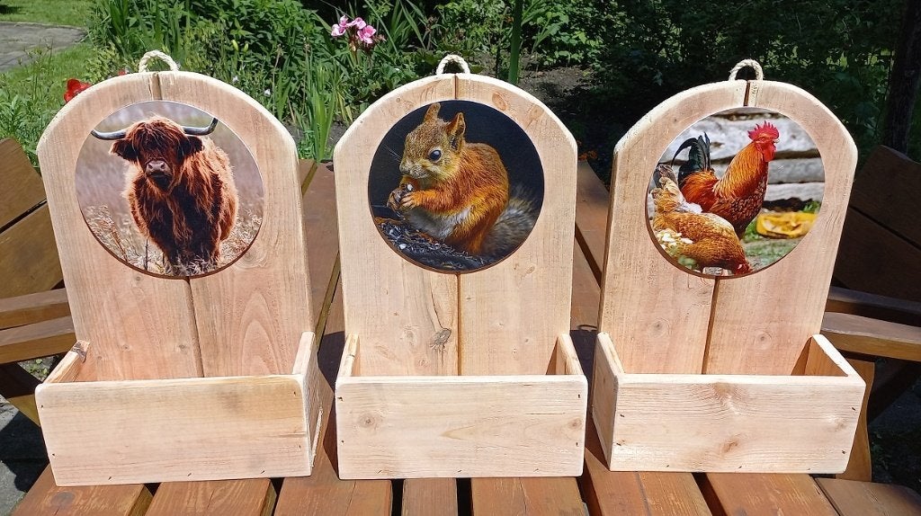 13 houten decoratiebakken met dierenafbeelding, Ophalen, Hout, Meerkleurig, Nieuw