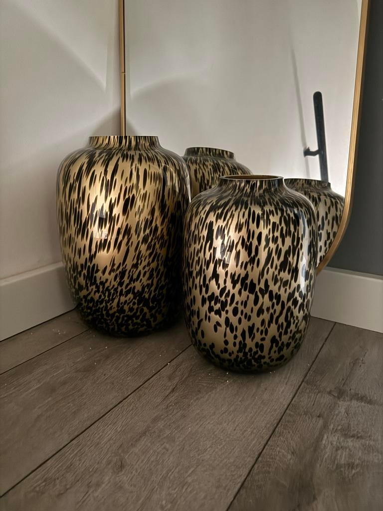 Set van 2 Cheetah Vazen - Goudkleurig met Zwarte Print, Antiek en Kunst, Ophalen