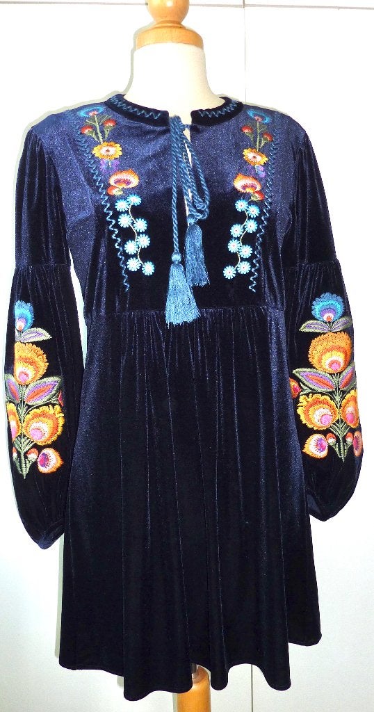 ZARA blauwe tuniek/jurk fluweel met borduurmotieven maat S, Ophalen, Blauw, Zara, Nieuw