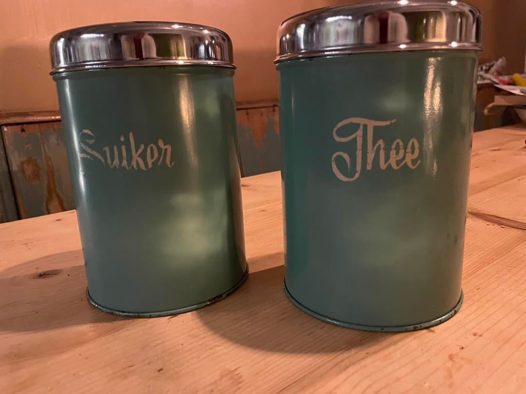Echt oude Brabantia blikken: thee & suiker, Ophalen of Verzenden