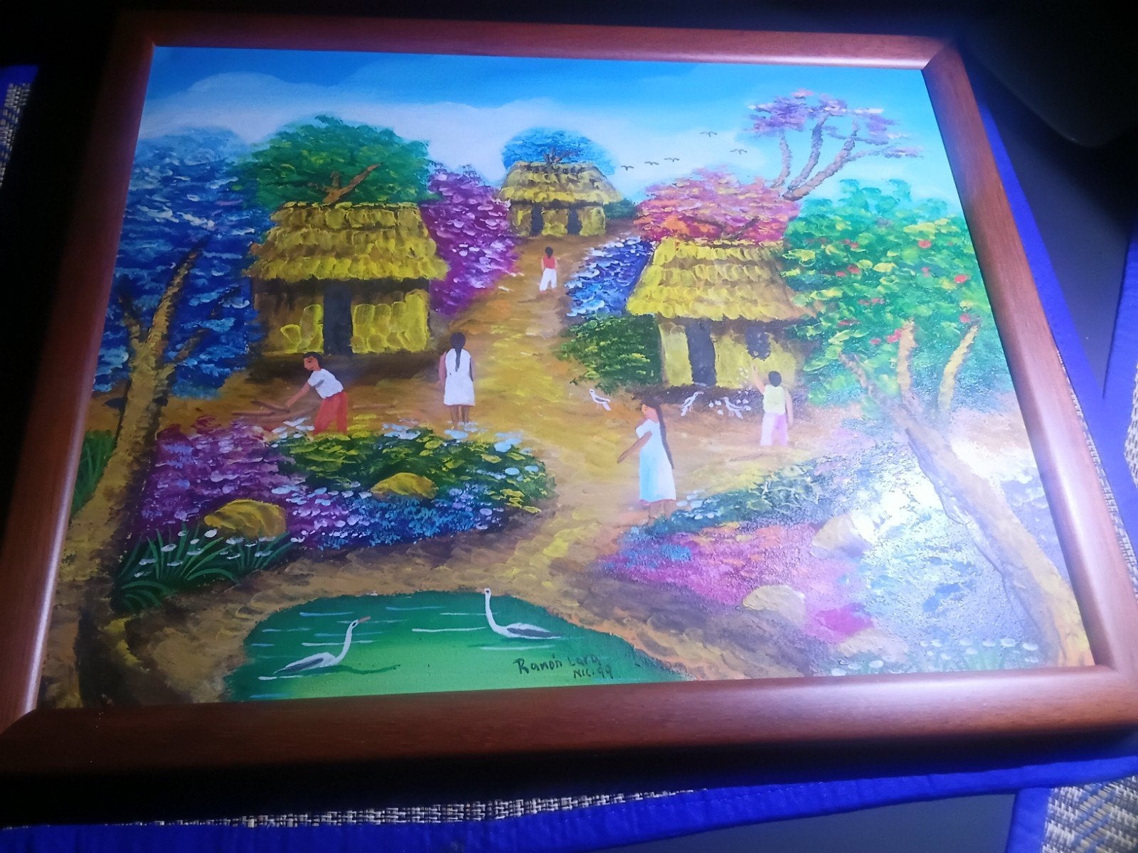Schilderij Ramón Lara - Nicaraguaans dorpsgezicht, Doek, Realistisch, Ophalen of Verzenden, Stads- / dorpsgezicht