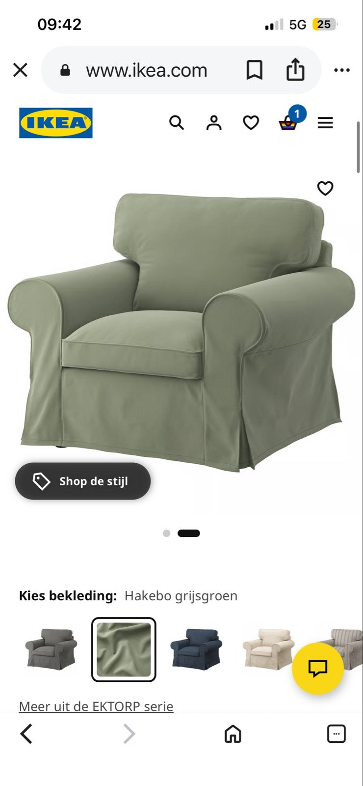 IKEA EKTORP hoes Hakebo grijsgroen, Ophalen of Verzenden, Zo goed als nieuw, Stof, 75 tot 100 cm
