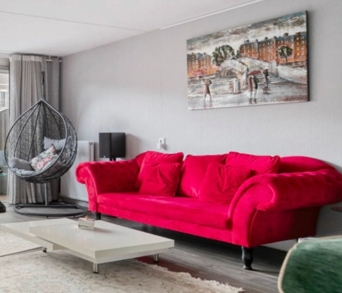 Luxe Rode velvet Chesterfield Banken Set, Ophalen, Tweepersoons, 75 tot 100 cm, Zo goed als nieuw