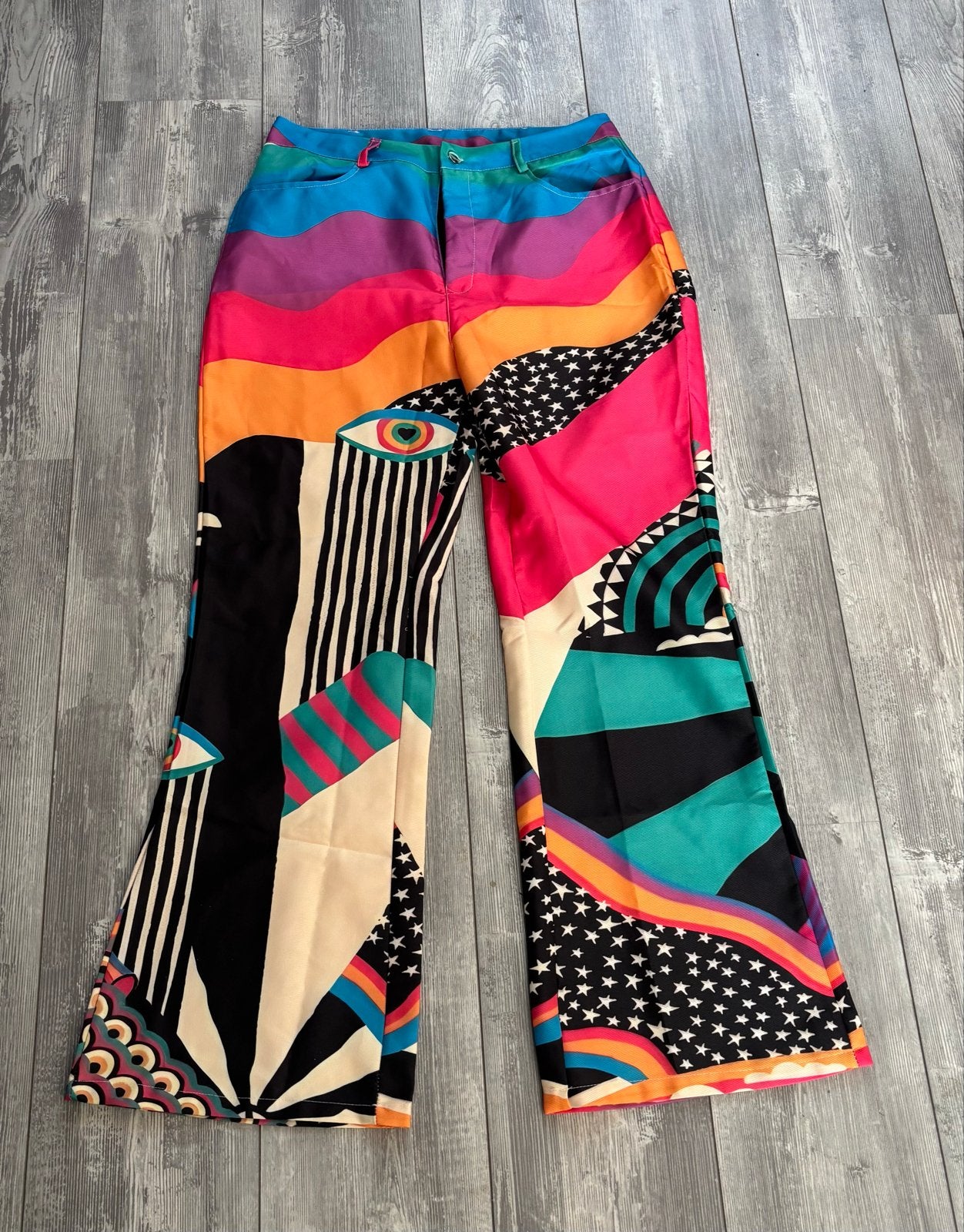 Opvallende kleurrijke broek met wijde pijpen - Maat L, Meerkleurig, Maat 42/44 (L), Nieuw, Ophalen of Verzenden