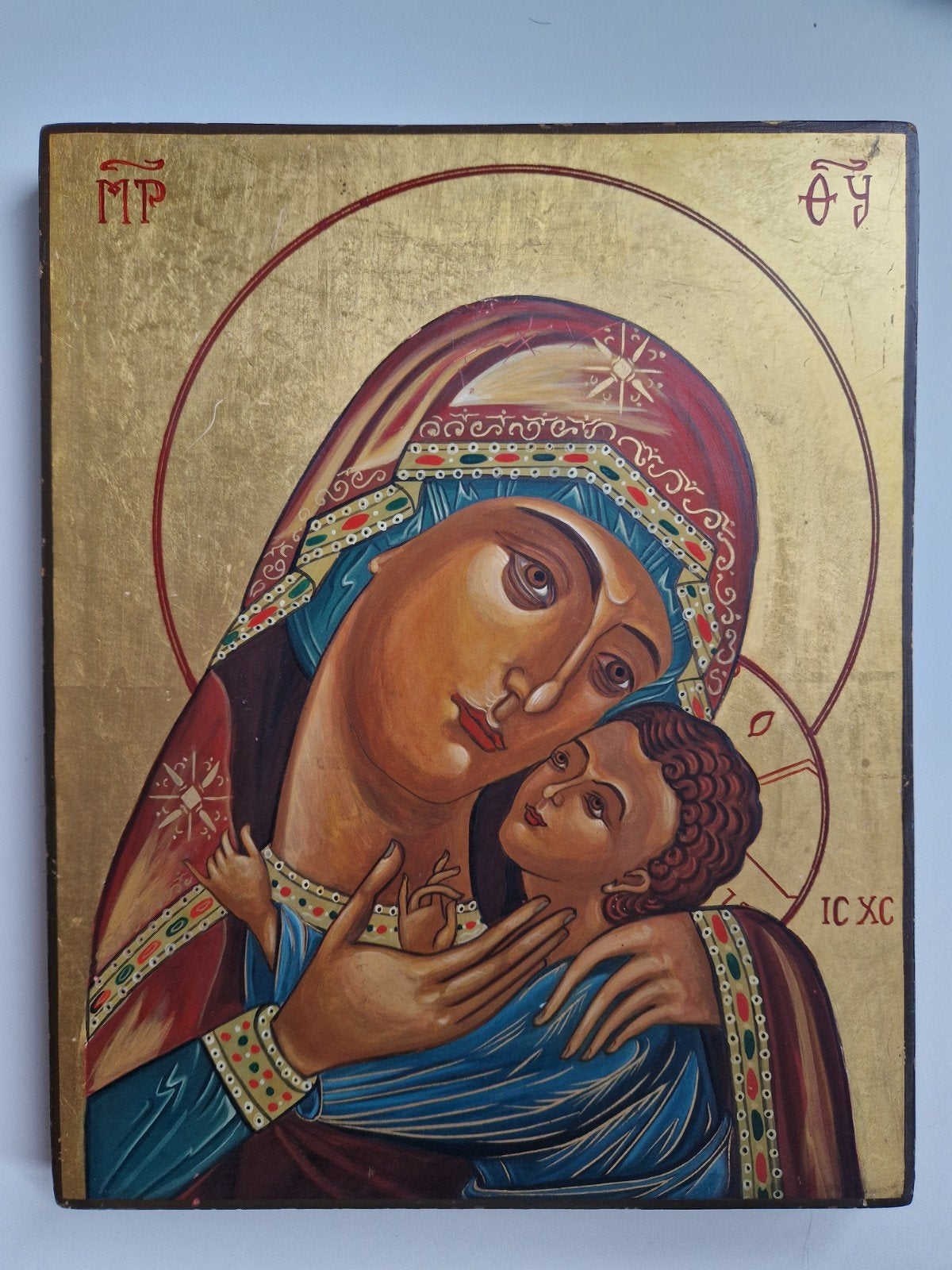 Handgeschilderd icoon Moeder Gods met Kind, 1984, Ophalen of Verzenden
