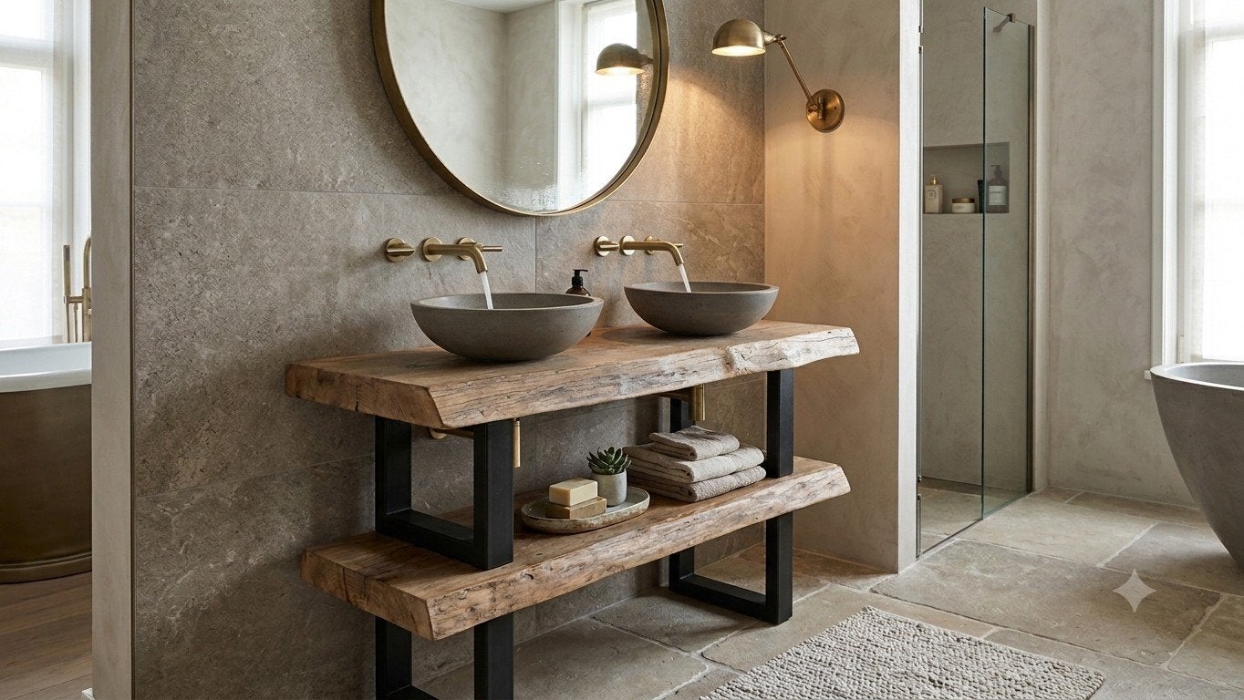 Robuust houten badkamermeubel met dubbele waskom, Huis en Inrichting, Badkamer | Badkamermeubels, Ophalen, Gebruikt, 100 tot 150 cm