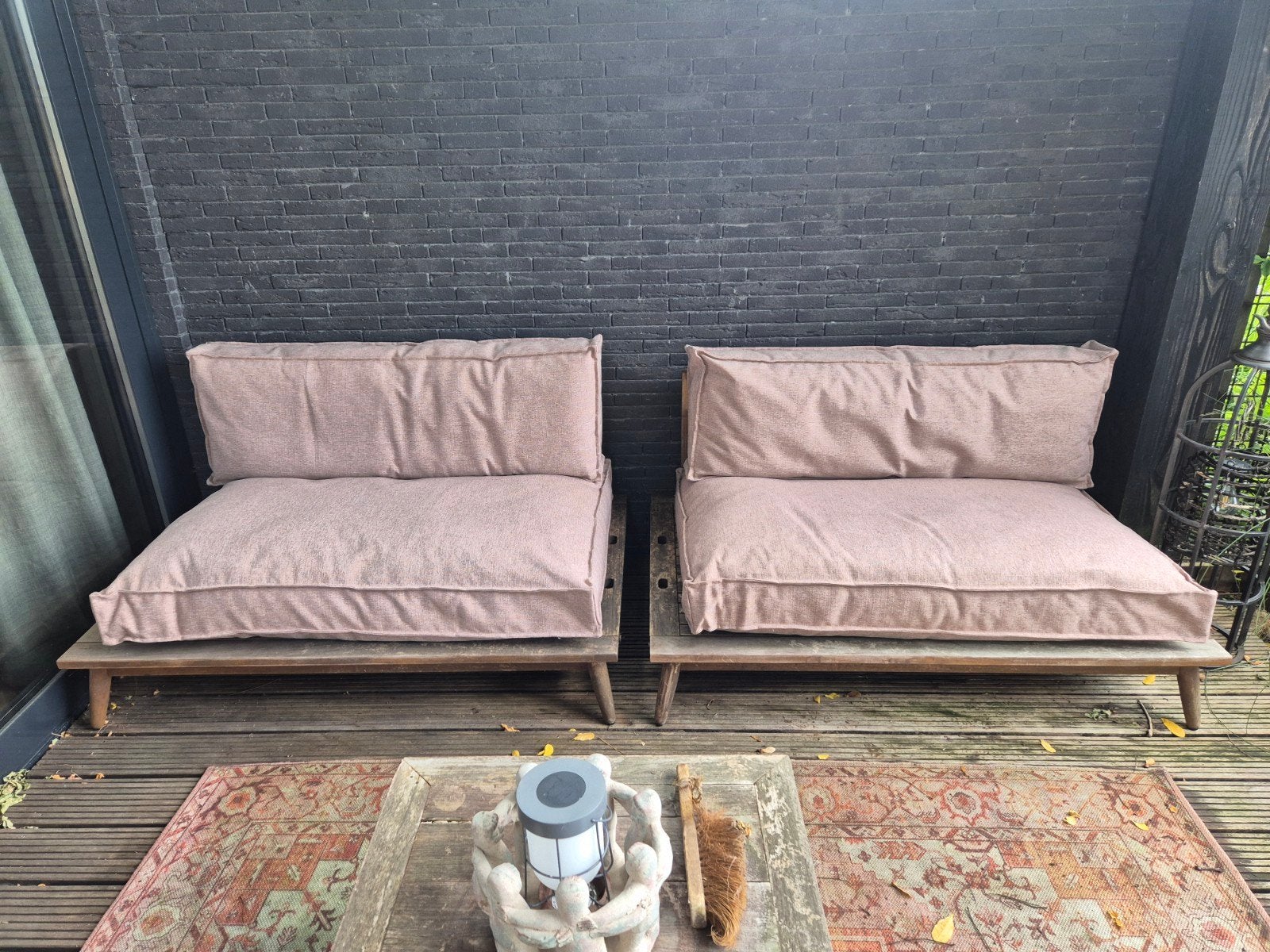 2 tuinbanken met terracotta kussens (Karwei Hidde), Tuin en Terras, Ophalen, Gebruikt, Hout