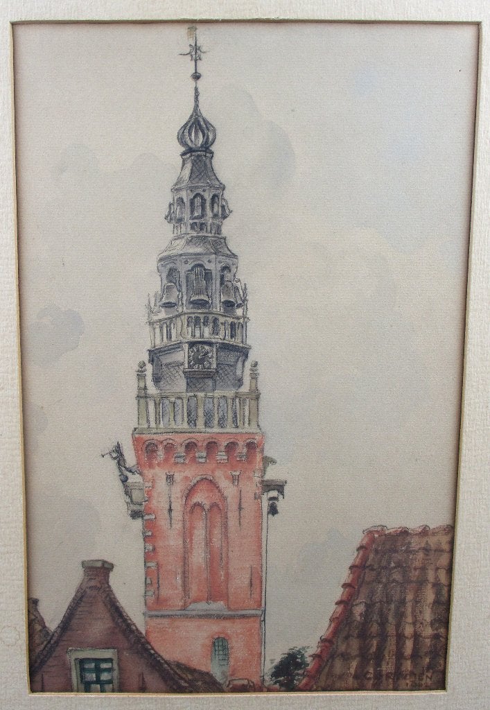 Aquarel Speeltoren van Monnickendam uit 1942 C van Roojen, Ophalen of Verzenden, Gedateerd, Klassiek, Aquarel