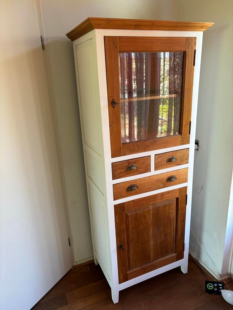 Massief Teak Houten Kast met Vitrine en Lades, Gebruikt, Teakhout, Met lade(s), 150 tot 200 cm
