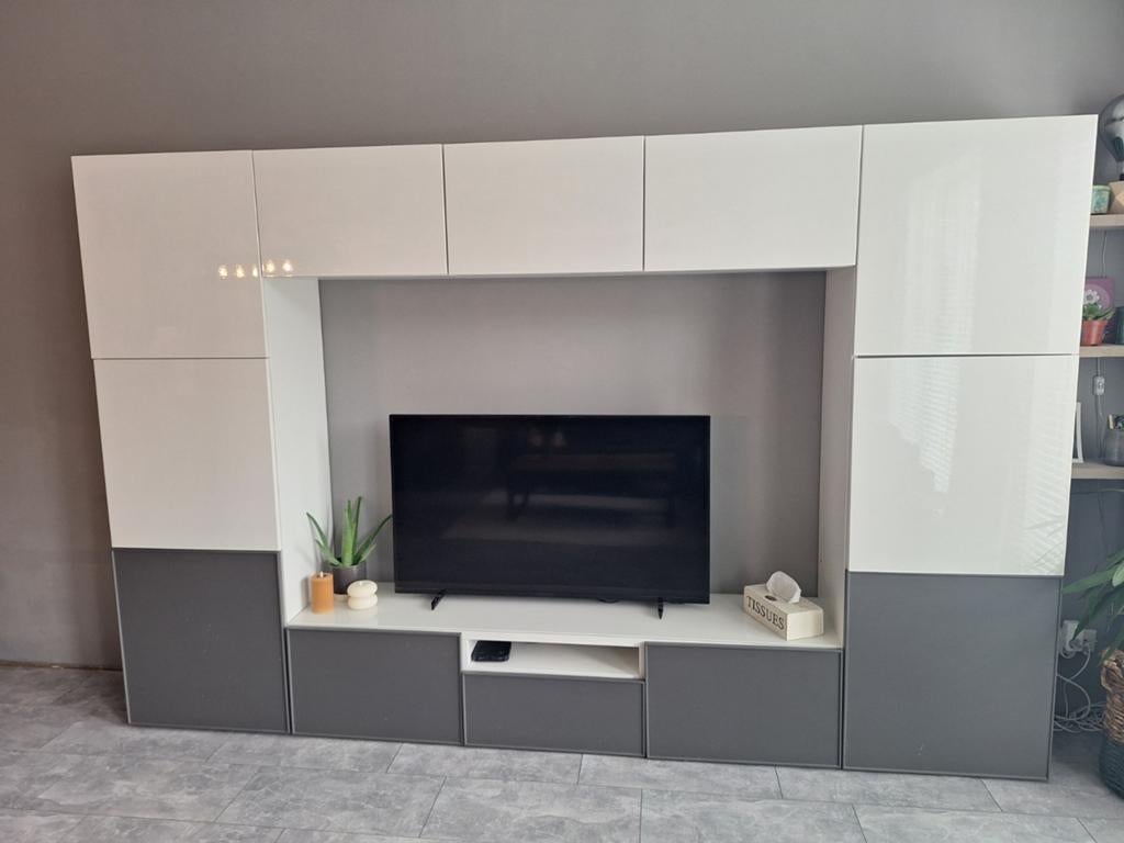 Modern tv-meubel / wandmeubel wit/grijs hoogglans, Ophalen, Overige materialen, Gebruikt, Modern, Strak, Hoogglans
