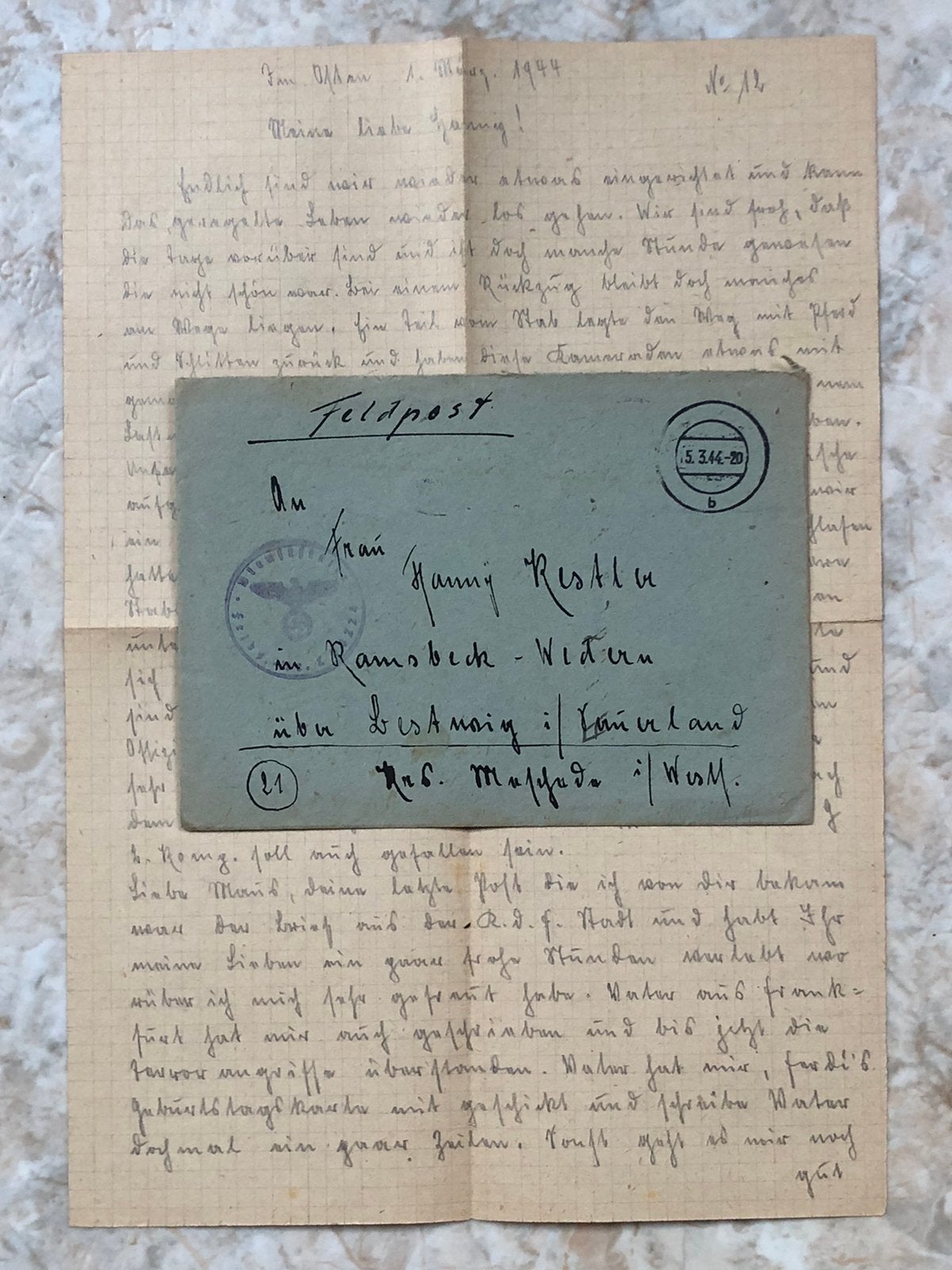 Duitse veldpost, vanuit Rusland, gestempeld 5.3.44., Verzenden, Brief