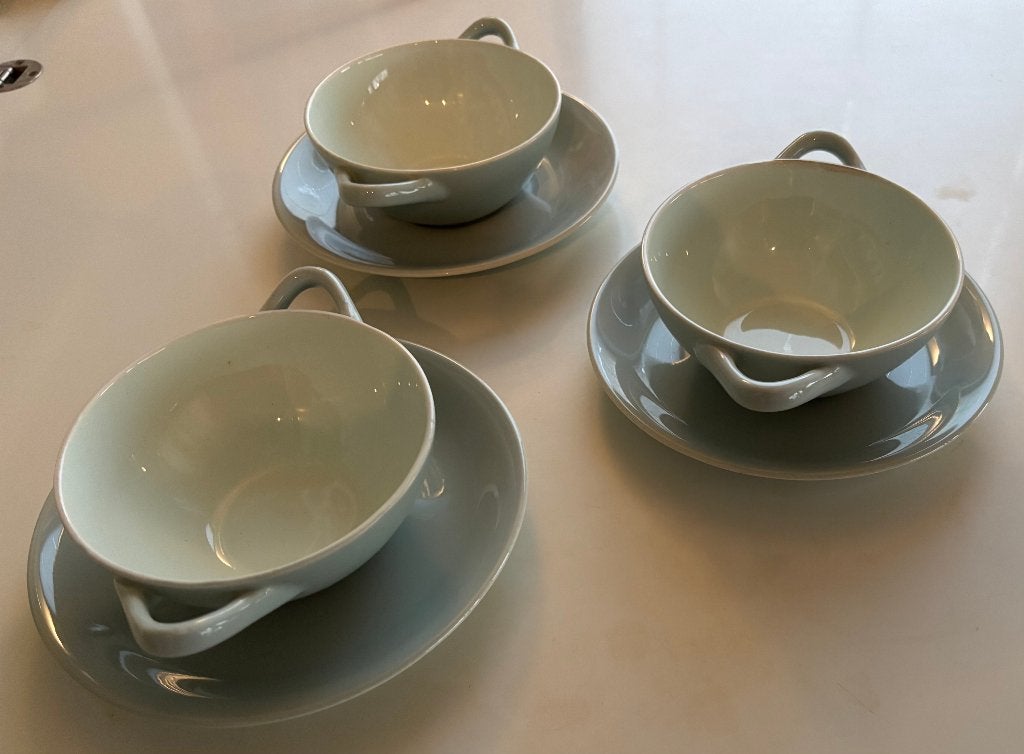 3 Art-deco vintage soepkommen met schotel (jaren '30), Ophalen of Verzenden