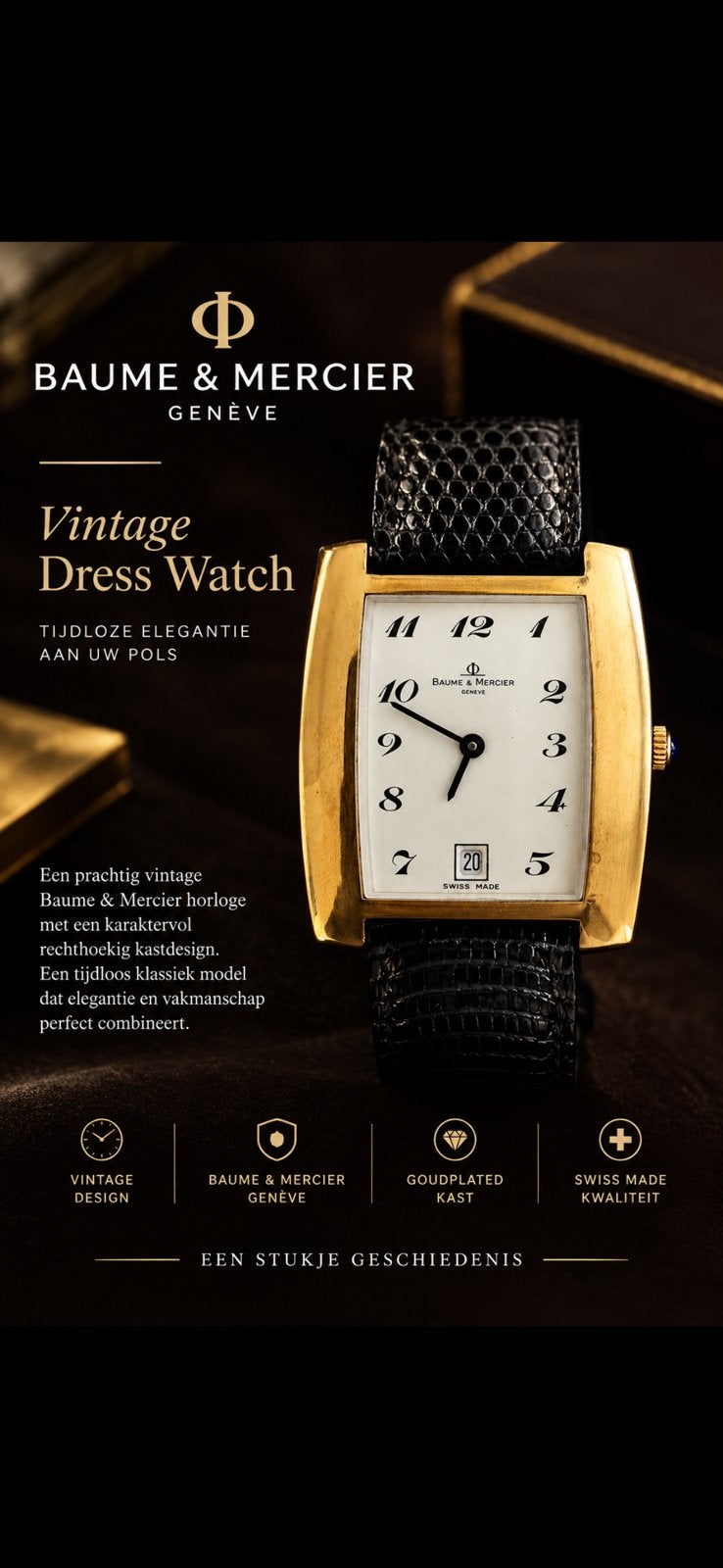Baume & Mercier Geneve, Leer, Polshorloge, Zo goed als nieuw, Goud