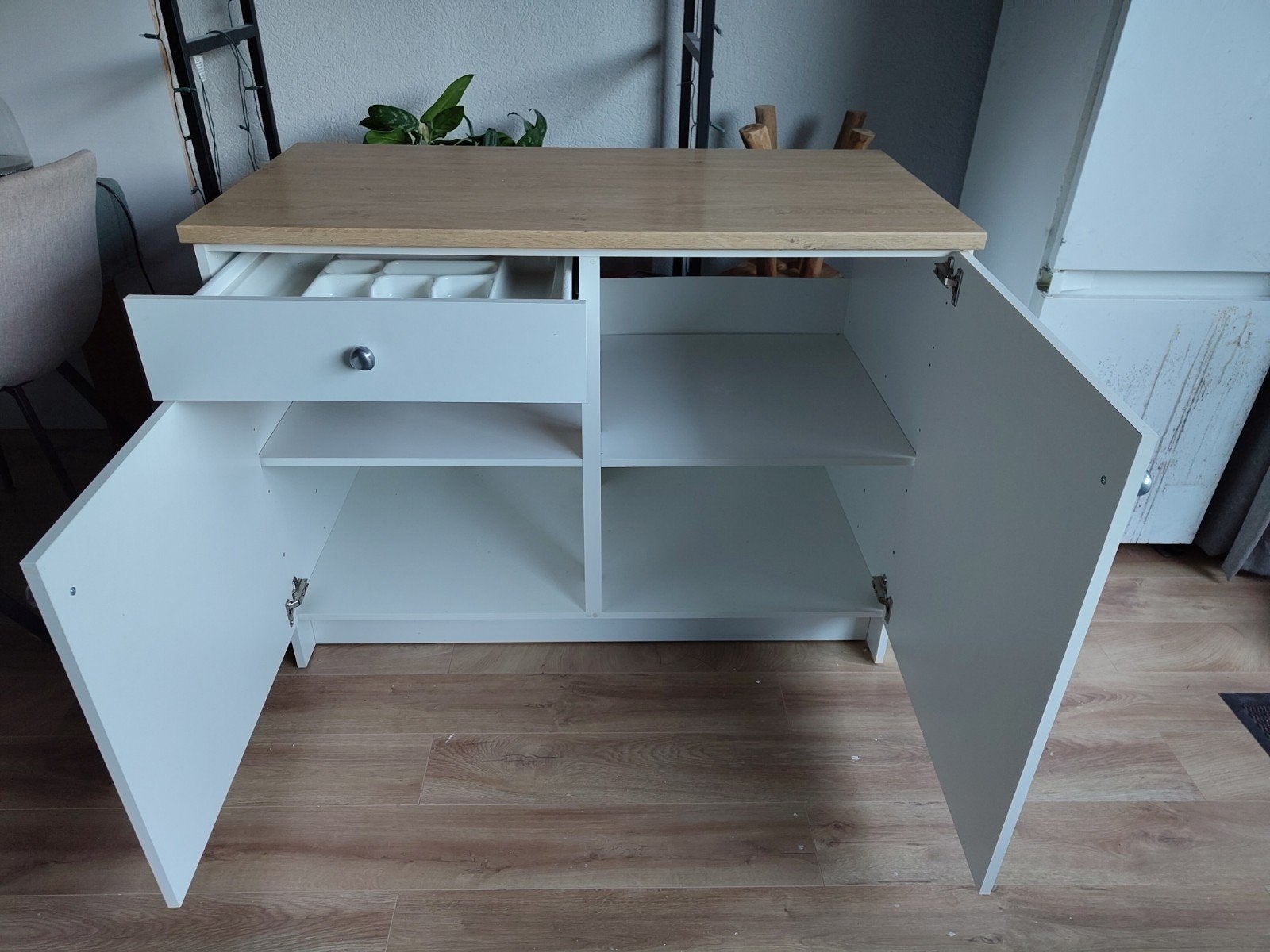 Wit dressoir met houtlook blad en lade, Ophalen of Verzenden, Gebruikt