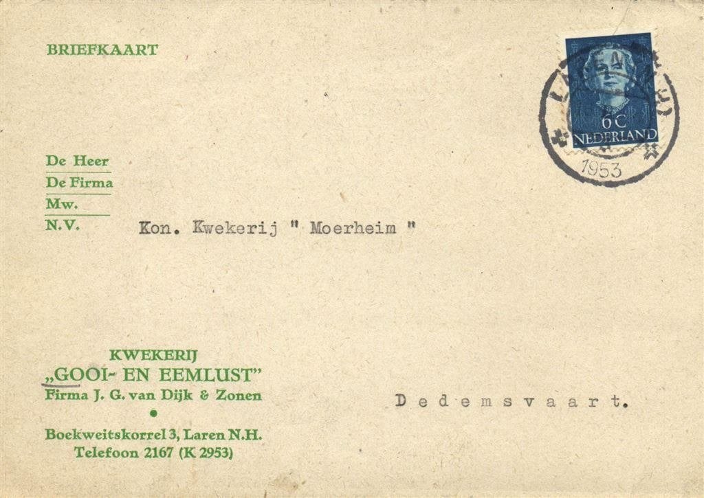 Kwekerij Gooi- en Eemlust, Laren N.H. - 02.1953 - briefkaart, Ophalen of Verzenden, Briefkaart