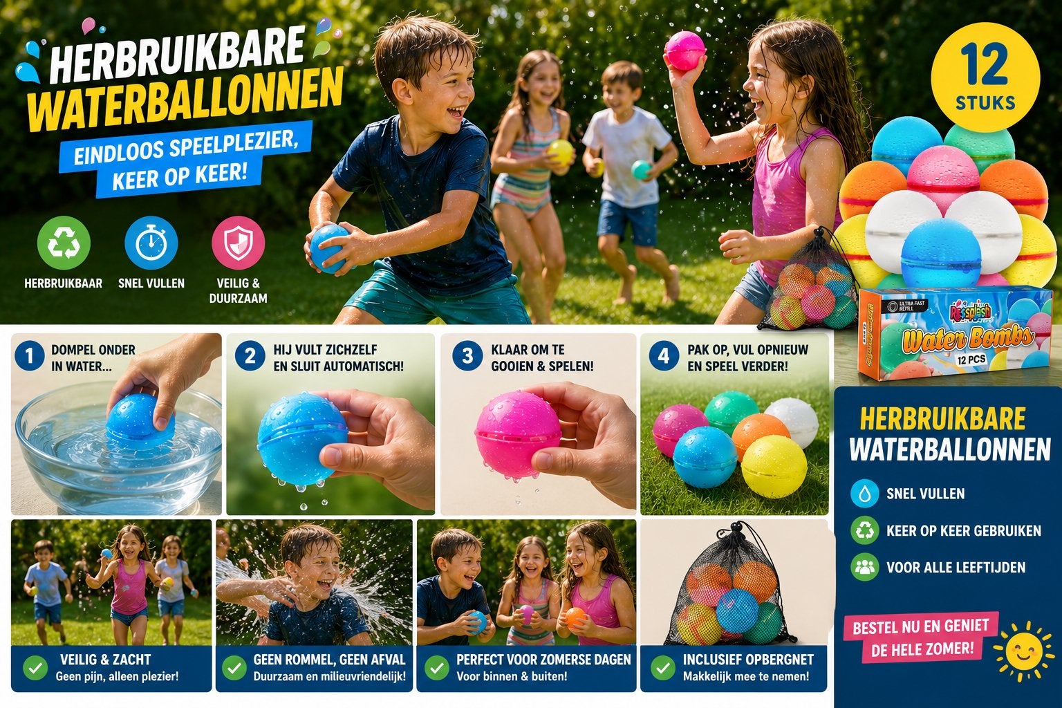 Herbruikbare Waterballonnen - 12 Stuks - Eindeloos Plezier!, Ophalen of Verzenden, Nieuw