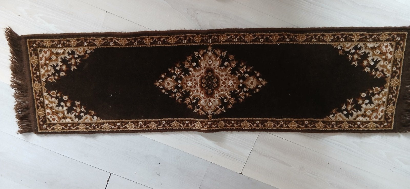 Prachtig smyrna zuiver wollen pluchen tafelloper 148 x 38 cm, Minder dan 50 cm, Bruin, 100 tot 150 cm, Perzisch