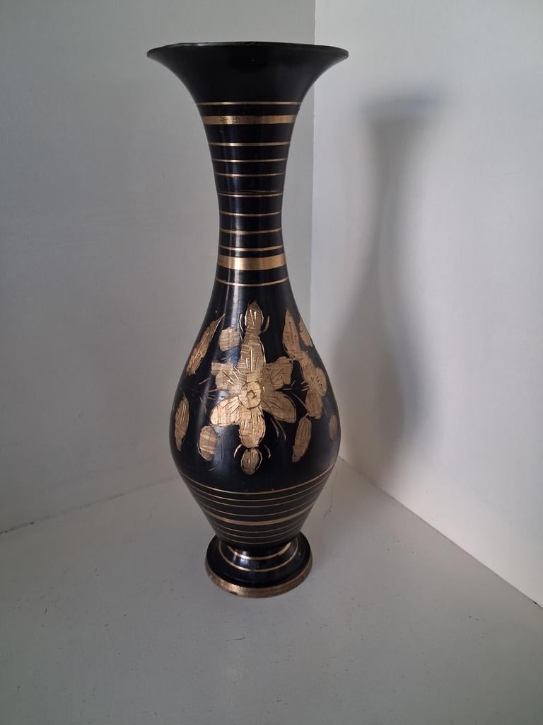Vintage Indiase Messing Vaas - Zwart & Goud Gegraveerd -, Ophalen of Verzenden