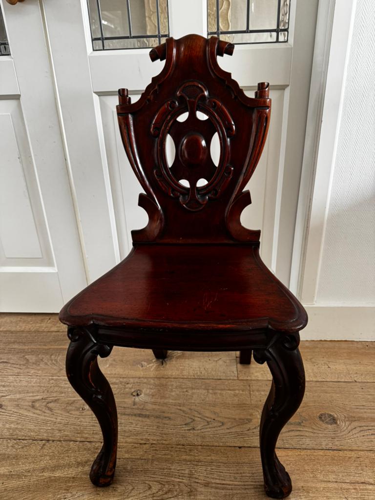 Antieke mahonie houten stoel hallchair, Ophalen of Verzenden