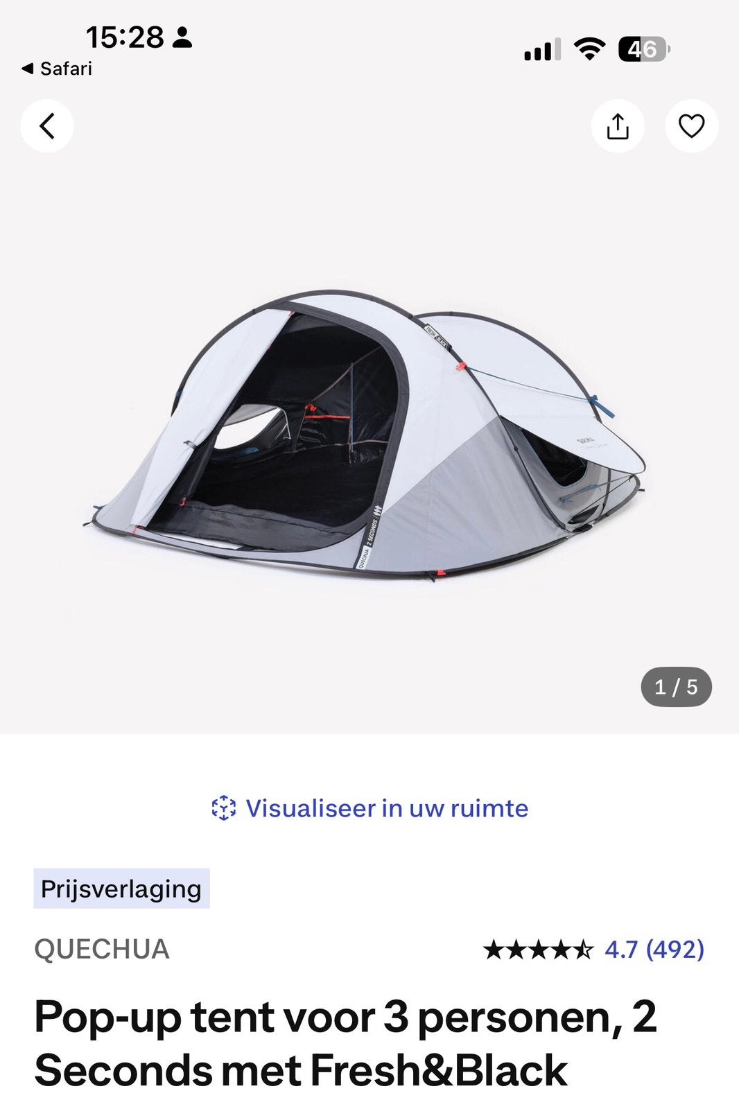 Quechua Pop-up tent 2 Seconds Fresh&Black 3 persoons, Caravans en Kamperen, Tenten, Ophalen, Gebruikt, Tot en met 3