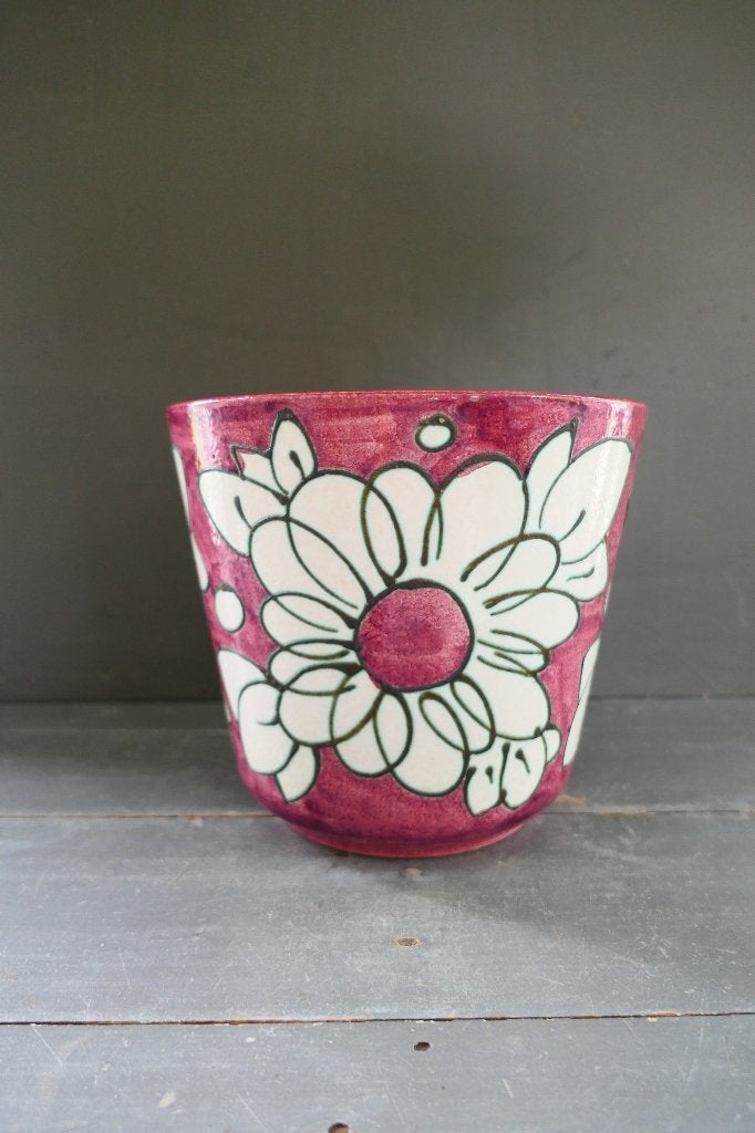 Vintage grote bloempot wijnrood met bloem, Tuin en Terras, Rond, Binnen, Ophalen of Verzenden, Zo goed als nieuw