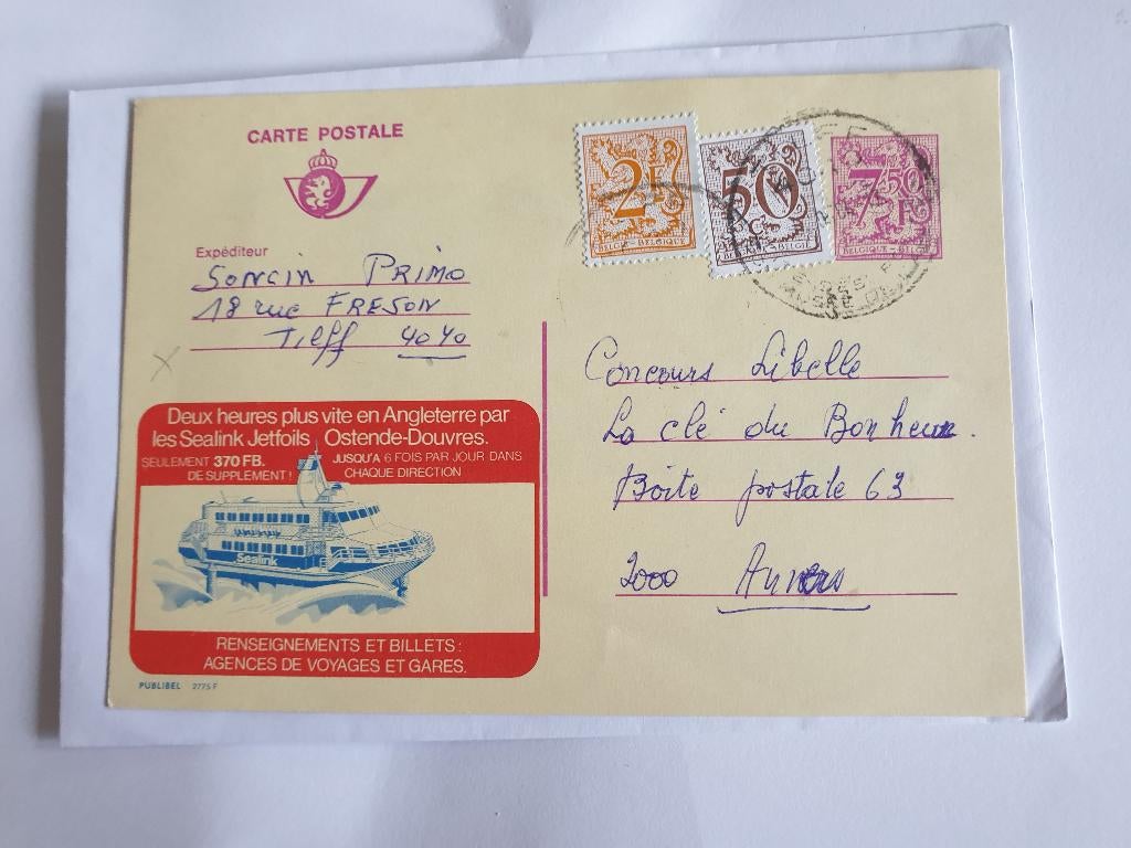 2566 belgie briefkaart met reclame oostende-dover boot, Verzenden