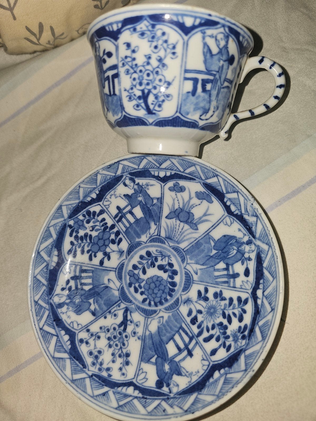 Antieke Chinese porseleinen kop en schotel, blauw-wit, Ophalen of Verzenden