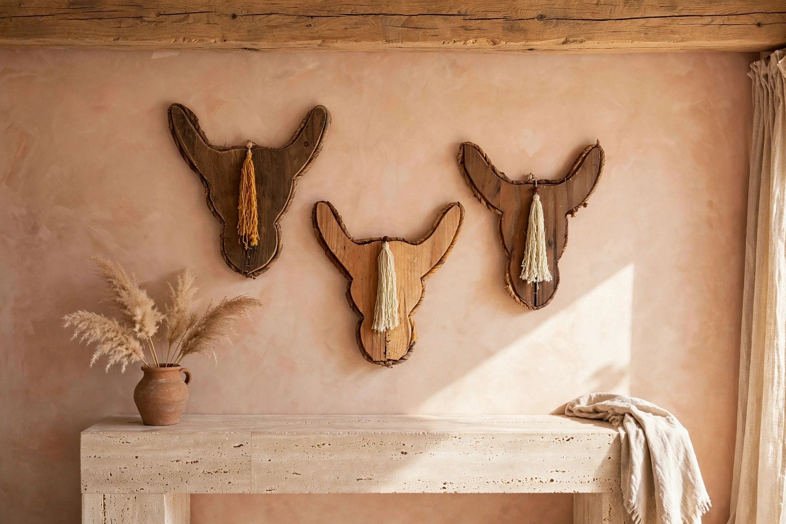 Set van 3 Houten Stierenkoppen Boho Ibiza stijl, Hout, Ophalen of Verzenden, Bruin, Landelijk