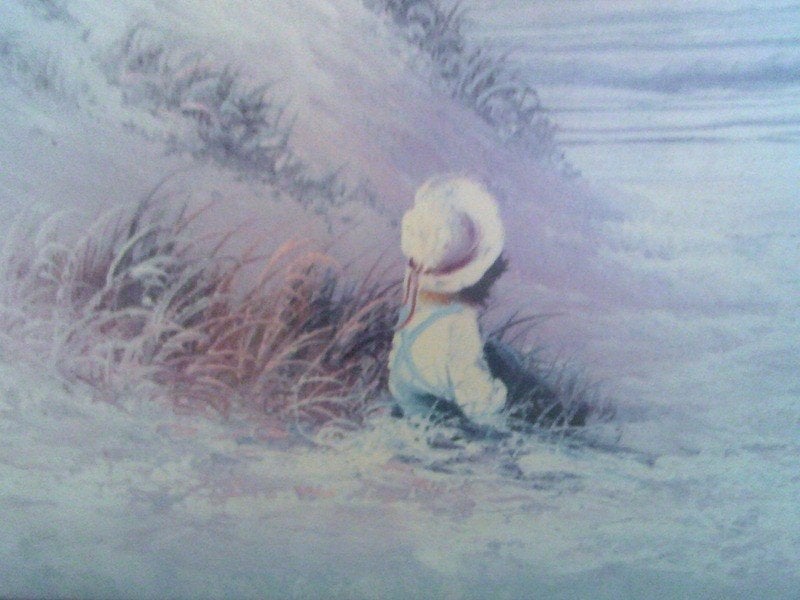 Vintage afbeelding van een strand uitzicht met kind maritiem, Gebruikt, Schilderij, Meerkleurig, Ophalen of Verzenden
