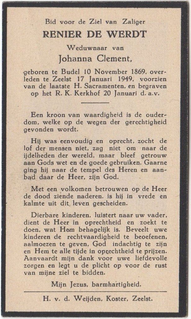 Renier de Werdt 1869 Budel + 1949 Zeelst, 79 jaar oud, Verzenden