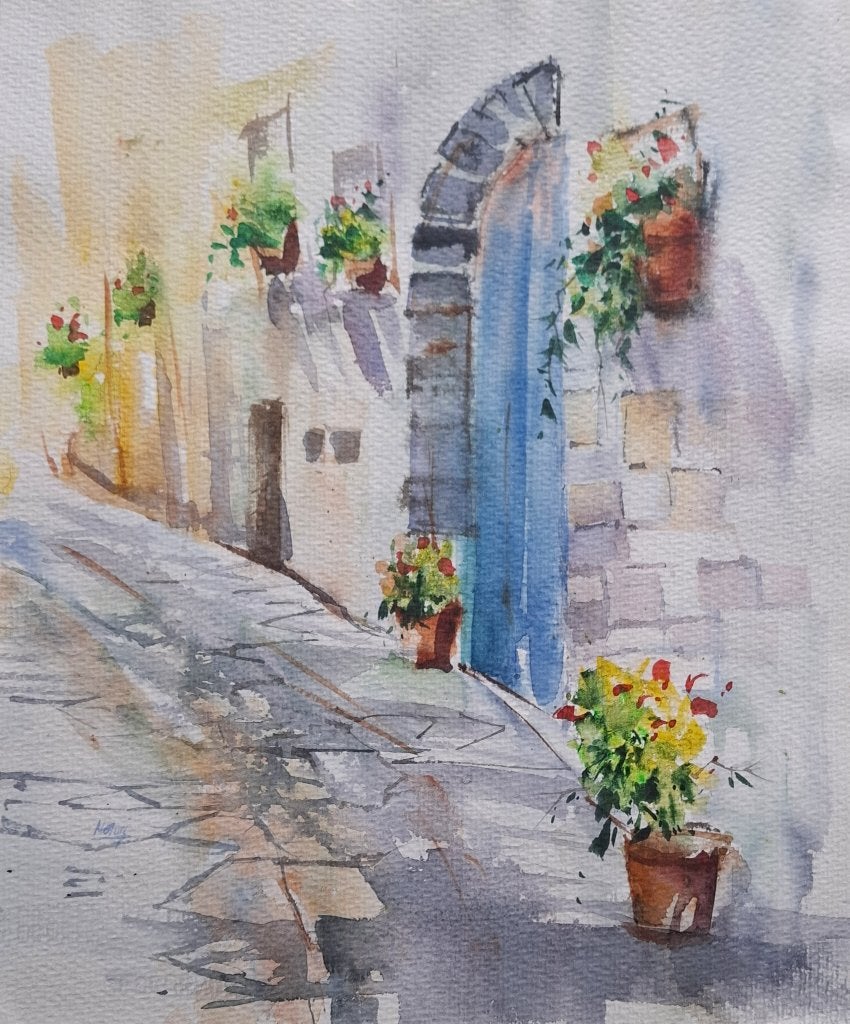 Original Watercolor Painting – Blue Door & Flowers, Boeken, Ophalen of Verzenden, Zo goed als nieuw, Overige onderwerpen
