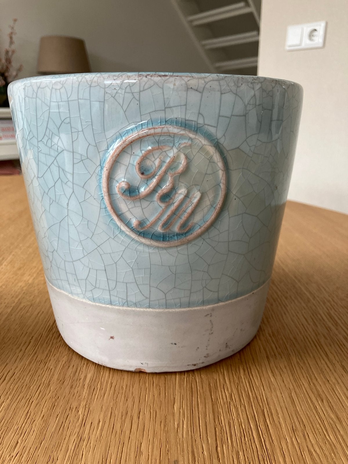 Lichtblauwe Riviera Maison bloempot / pot, Gebruikt, Rond, Binnen, Minder dan 40 cm