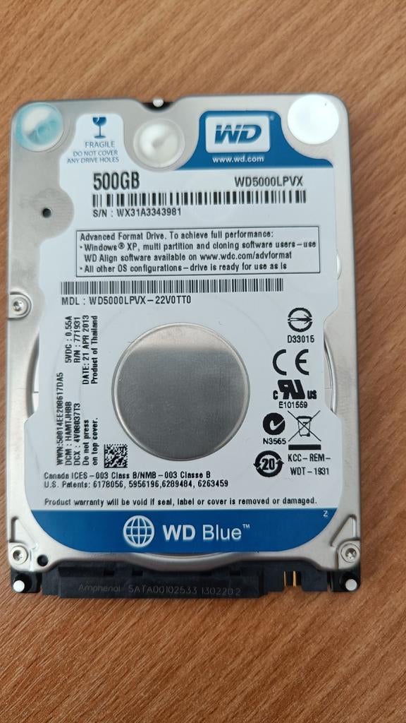 WD Blue 500GB HDD, Computers en Software, Harde schijven, Ophalen of Verzenden, Zo goed als nieuw, Desktop, WesternDigital